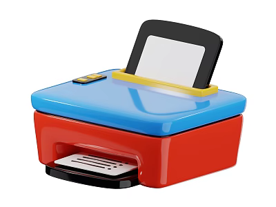 Blue And Red Office Appliance Printer With Black Tablet Holder And White Screen 3d model
