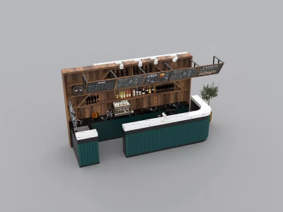 Modern Bar Counter With Wooden Structure Green Countertop Wine Shelves Bottles And Potted Plant 3d model