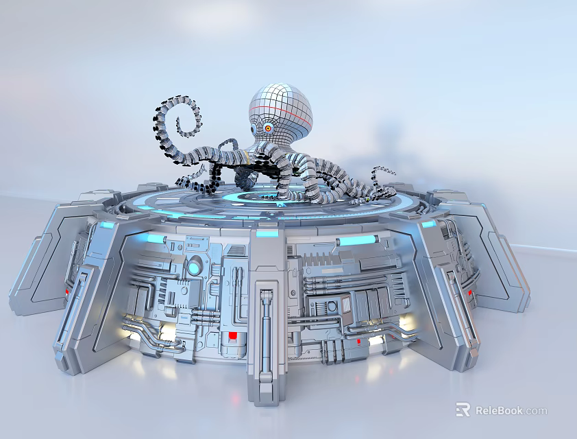 Smart Robot Featuring Sphere Head Mechanical Arms On Circular Metallic Platform With Buttons And Lights 3d model 