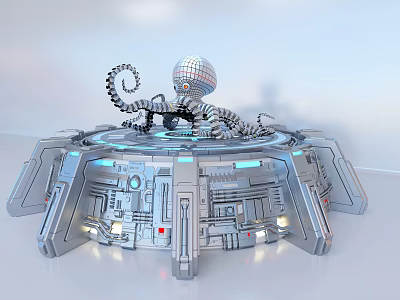 Smart Robot Featuring Sphere Head Mechanical Arms On Circular Metallic Platform With Buttons And Lights 3d model