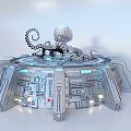 Smart Robot Featuring Sphere Head Mechanical Arms On Circular Metallic Platform With Buttons And Lights