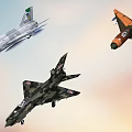 Three Different Colored Fighter Jets Flying in Sunset Sky with White Orange Camouflage