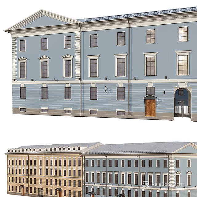 Classical Architecture Facade With Multi Storey Blue Light Buildings Wooden Door And Windows 3d model 