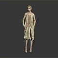 Blonde Woman in Beige Sleeveless Dress with Decorative Pattern Standing Against Gray Background