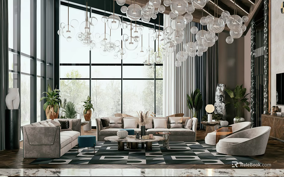 Elegant Living Room With Floor To Ceiling Windows Glass Orb Chandeliers Gray Sofas And Plants 3d model 
