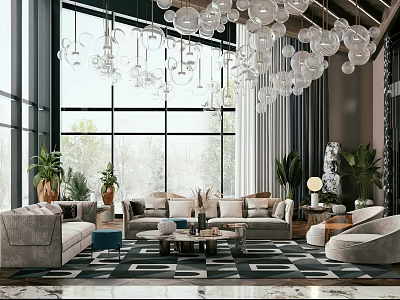 Elegant Living Room With Floor To Ceiling Windows Glass Orb Chandeliers Gray Sofas And Plants 3d model