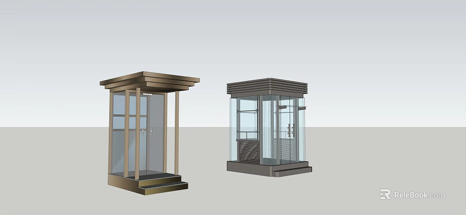 Modern Security Booths Design Featuring Glass Panels And Metal Frame Structures 3d model