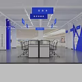 Modern Retail Store Interior Design With Blue Signage Counter And Chairs Layout