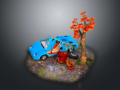 Blue Car with Open Top Near Tree with Orange Flowers Red Chair and Grass 3d model