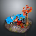 Blue Car with Open Top Near Tree with Orange Flowers Red Chair and Grass