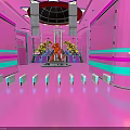 Modern Pink Interior Scene With Central Installation Blue Lines And Ceiling Lighting 3d model