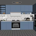 Modern Dark Blue Kitchen Interior With Black And White Patterned Tiles And Built In Appliances