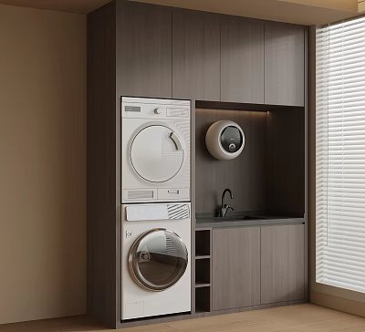 Modern Balcony Cabinet With Washing Machine Dryer Sink And Window Blinds 3d model