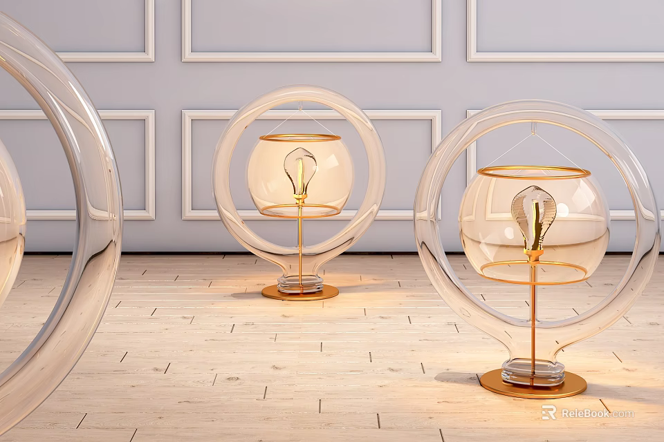 Modern Table Lamp With Transparent Circular Glass Shade And Gold Base On Wooden Floor 3d model 