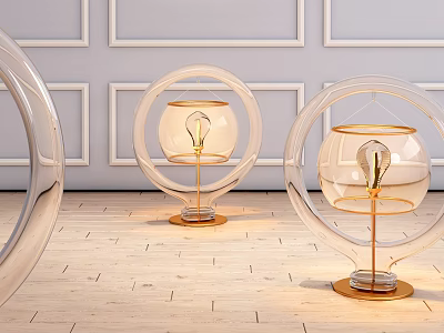 Modern Table Lamp With Transparent Circular Glass Shade And Gold Base On Wooden Floor 3d model