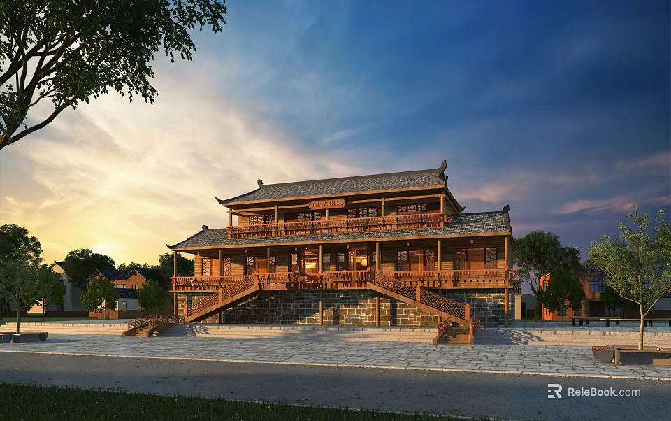 Ancient Traditional Architecture With Wooden Structure Stone Steps And Sunset Sky Background 3d model 