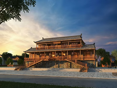 Ancient Traditional Architecture With Wooden Structure Stone Steps And Sunset Sky Background 3d model