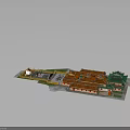 Traditional Chinese Architectural Complex 3D Model With Red Roofs Green Eaves Yellow Walls Symmetrical Layout