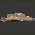 Ancient Brick And Stone Structure With Red Pink Tones And Mossy Base On Dark Background