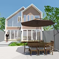 Modern Guesthouse Building With Sloped Roof Large Glass Windows Outdoor Terrace And Green Trees