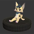 Yellow Feline Game Character With Purple Bow Big Ears Sitting on Black Base