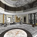 Sales Office Grand Interior Featuring Tall Columns Elegant Chandelier Tables Chairs And Modern Floor Design