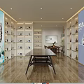 Modern Specialty Store Interior Featuring Shelves With Display Items Central Long Table And Wooden Floor