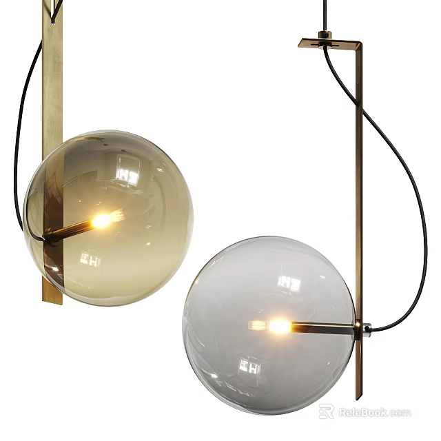 Two Modern Glass Globe Pendant Lights With Brass Frame And Black Cords Illuminated 3d model 