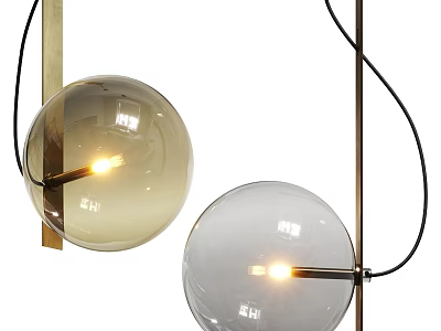 Two Modern Glass Globe Pendant Lights With Brass Frame And Black Cords Illuminated 3d model