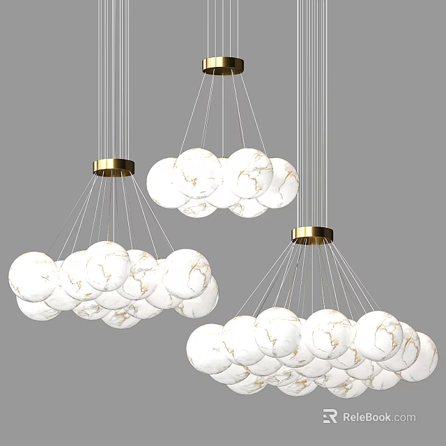 Modern Chandelier Featuring Gold Metal Fixtures and Multiple Marble Textured White Spheres 3d model 