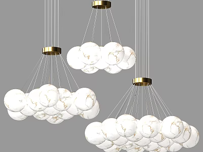 Modern Chandelier Featuring Gold Metal Fixtures and Multiple Marble Textured White Spheres 3d model
