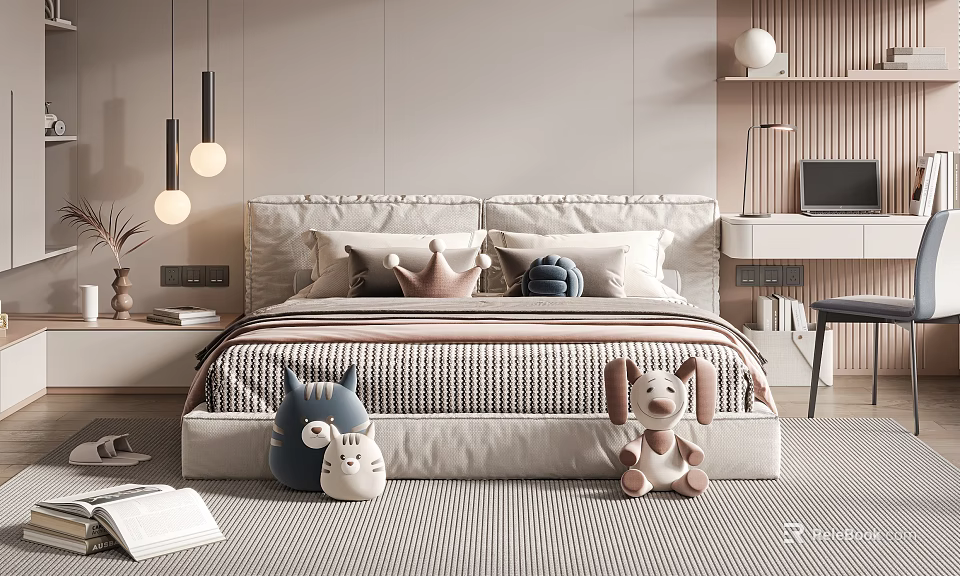 Cozy Bedroom With Double Bed Striped Bedspread Pillows And Stuffed Toys 3d model 