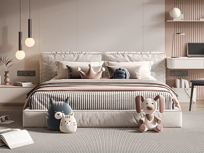 Cozy Bedroom With Double Bed Striped Bedspread Pillows And Stuffed Toys 3d model