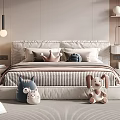 Cozy Bedroom With Double Bed Striped Bedspread Pillows And Stuffed Toys