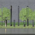 Modern Outdoor Lights Of Various Heights Illuminating Garden With Green Grass And Trees