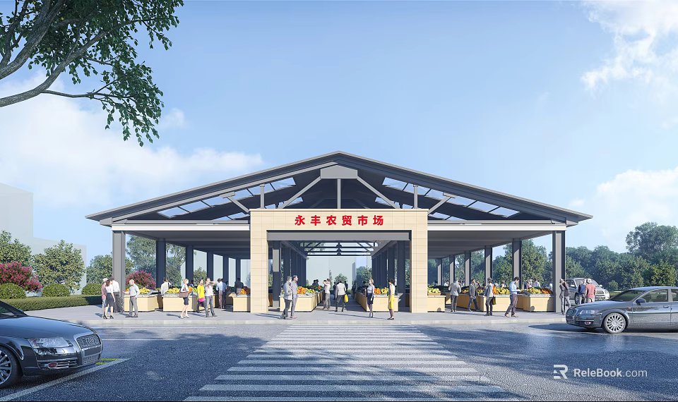 Vibrant Beijing Universal Resort Entrance Covered Structure With Crowded Visitors Green Trees And Parked Cars 3d model 