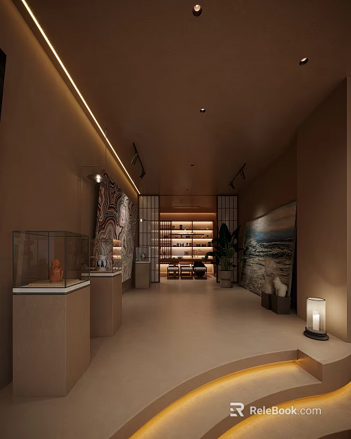 Modern Teahouse Interior Design With Display Cabinets Decorative Paintings And Green Plants 3d model 