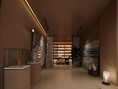 Modern Teahouse Interior Design With Display Cabinets Decorative Paintings And Green Plants 3d model