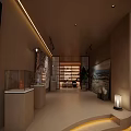 Modern Teahouse Interior Design With Display Cabinets Decorative Paintings And Green Plants
