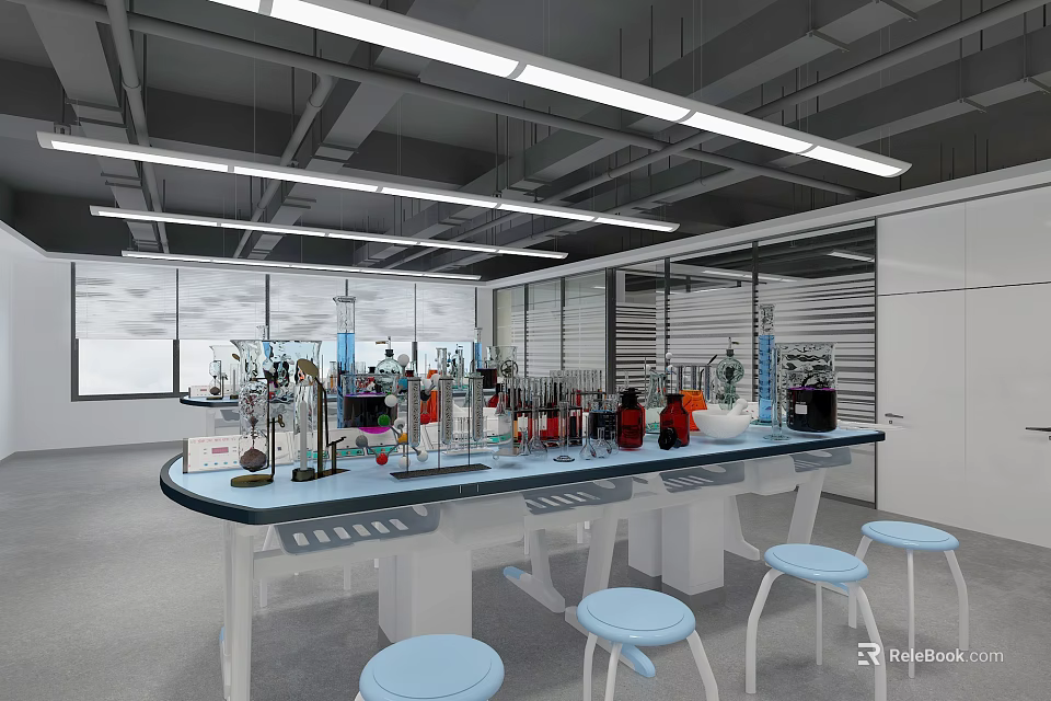 Modern Laboratory Interior With Lab Bench Instruments Stools And Bright Lighting 3d model 