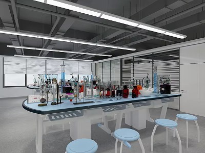 Modern Laboratory Interior With Lab Bench Instruments Stools And Bright Lighting 3d model