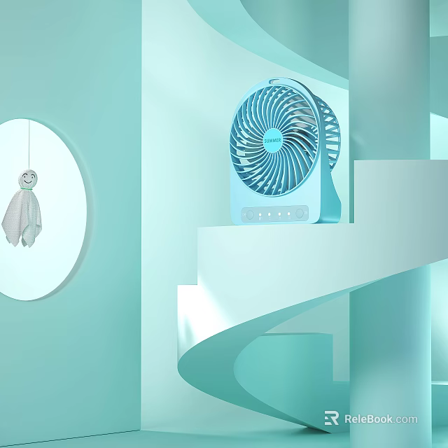 Blue Air Cooler Fan With Modern Design On Spiral Steps In Light Blue Tone 3d model 