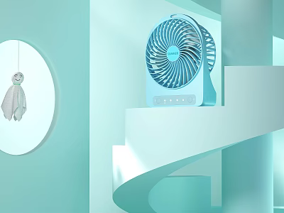 Blue Air Cooler Fan With Modern Design On Spiral Steps In Light Blue Tone 3d model