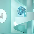 Blue Air Cooler Fan With Modern Design On Spiral Steps In Light Blue Tone