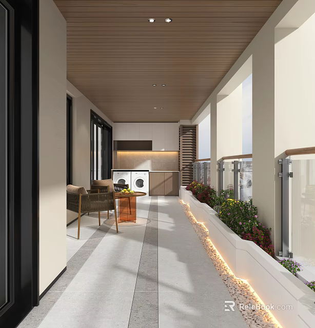 Modern Home Balcony Design With Wooden Ceiling Laundry Area Outdoor Furniture And Green Plants 3d model 