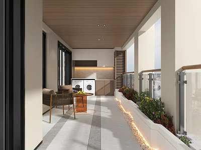 Modern Home Balcony Design With Wooden Ceiling Laundry Area Outdoor Furniture And Green Plants 3d model