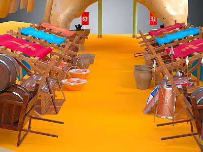 Vibrant Commercial Street With Wooden Chairs Colorful Awnings Orange Ground And Barrels 3d model