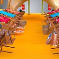 Vibrant Commercial Street With Wooden Chairs Colorful Awnings Orange Ground And Barrels