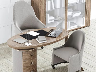 Wooden Office Desk With Laptop Notebooks Documents And Grey Chairs Near Bookshelf 3d model