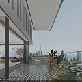 Stylish Balcony Garden Featuring Green Plants Pink Flowering Tree And City Skyline View